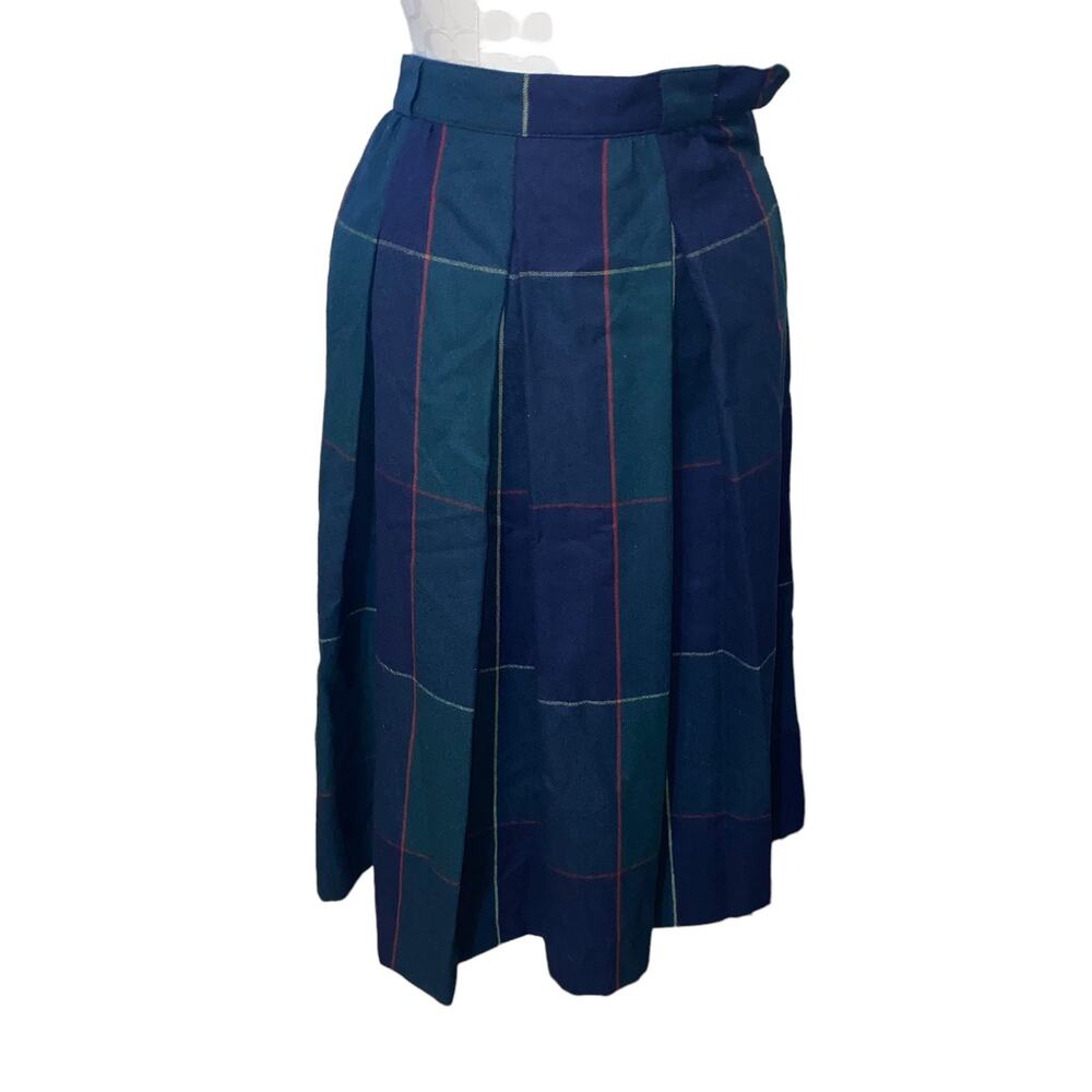 Vintage Basler Blue Tartan Plaid Wool Pleated Midi Skirt - Picture 2 of 8